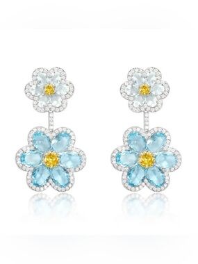 Blue Yellow Floral Silver CZ Earrings